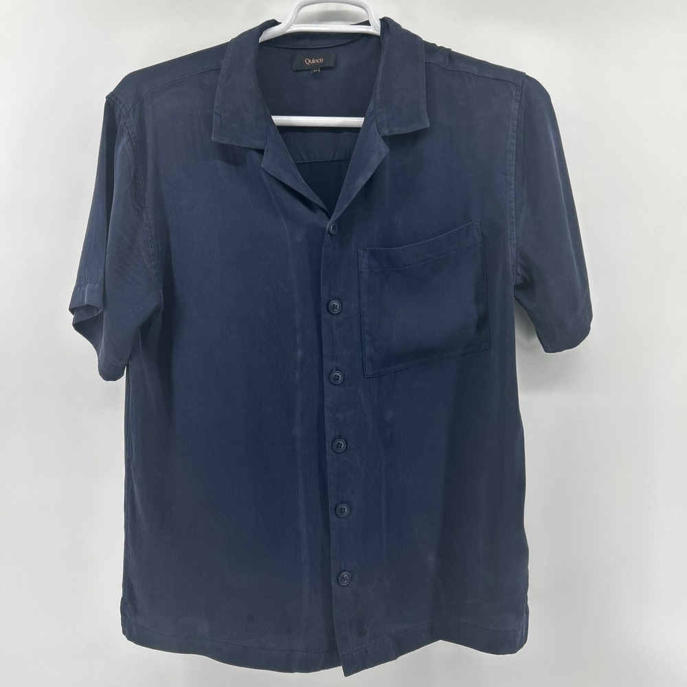 Quince Silk Shirt Men's Medium Navy Button Up Short Sleeve Camp Relaxed Spots